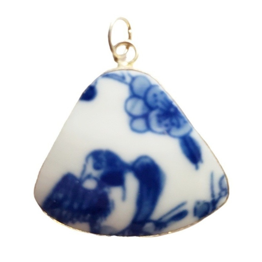 Blue & White Chinoiserie Porcelain Pottery Shard Pendant Bird in Plum Blossoms